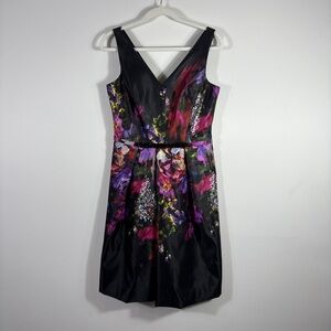 Ricki Freeman Teri Jon Dress Black Floral Beaded‎ Belt A Line V Neck Size 8